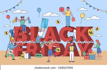 Black friday clearance vector, happy people with purchases bought on sale. Special discounts for clients. Buying cheap products on reduced prices. Big text black friday and characters in outline style