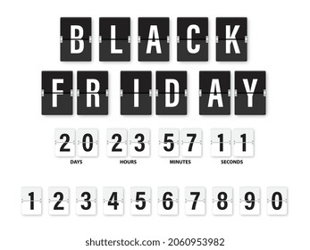 Black Friday Clock countdown display. Set numbers flip watch. Black and white date counter flip display isolated on white background. Vector illustration.