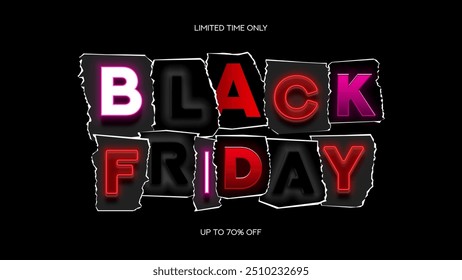 Black Friday collage banner. Vector illustration with cutout neon letters and discount offer. Black Friday collage signboard for sale, advertising and social media.