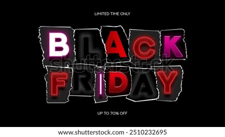 Black Friday collage banner. Vector illustration with cutout neon letters and discount offer. Black Friday collage signboard for sale, advertising and social media.
