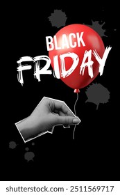 Black Friday collage, hand holding red 3D balloon, banner halftone. Vector illustration