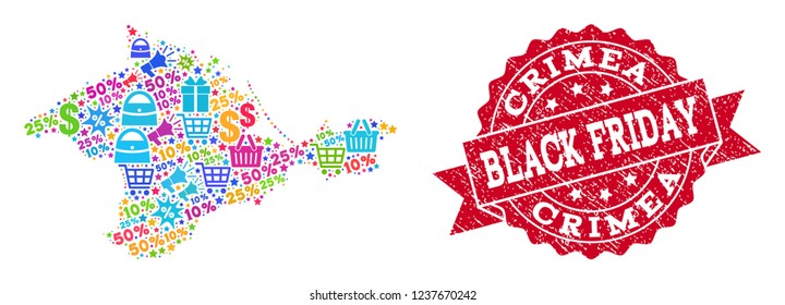 Black Friday collage of mosaic map of Crimea and unclean seal. Vector red imprint with unclean rubber texture with Black Friday slogan. Flat design for shopping illustrations.