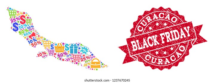 Black Friday collage of mosaic map of Curacao Island and unclean stamp seal. Vector red seal with unclean rubber texture with Black Friday title. Flat design for promotion purposes.