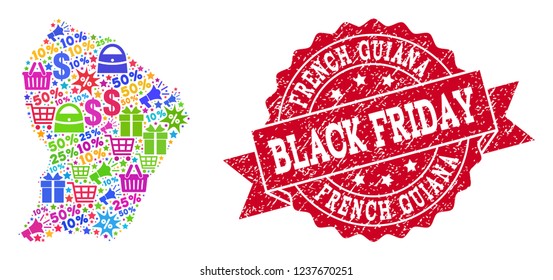 Black Friday collage of mosaic map of French Guiana and rubber stamp seal. Vector red seal with grunge rubber texture with Black Friday text. Flat design for advertisement illustrations.