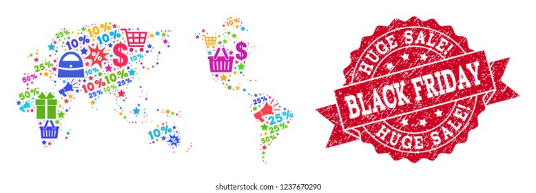 Black Friday collage of mosaic map of Earth and grunge seal. Vector red seal with grunge rubber texture with Black Friday text. Flat design for sale posters.