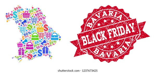 Black Friday collage of mosaic map of Bavaria State and grunge stamp seal. Vector red seal with scratched rubber texture with Black Friday caption. Flat design for shopping illustrations.
