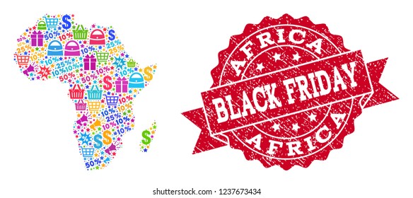 Black Friday collage of mosaic map of Africa and corroded stamp seal. Vector red seal with corroded rubber texture with Black Friday slogan. Flat design for sale posters.
