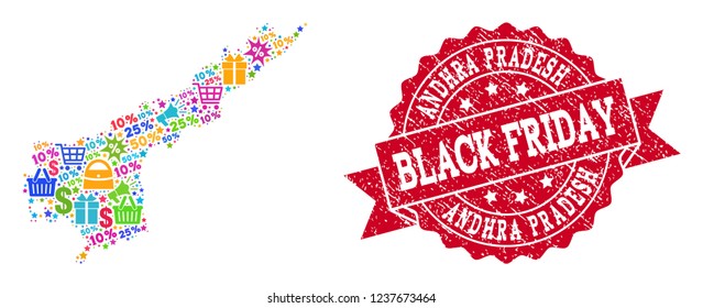 Black Friday collage of mosaic map of Andhra Pradesh State and scratched seal. Vector red seal with scratched rubber texture with Black Friday title. Flat design for shopping illustrations.