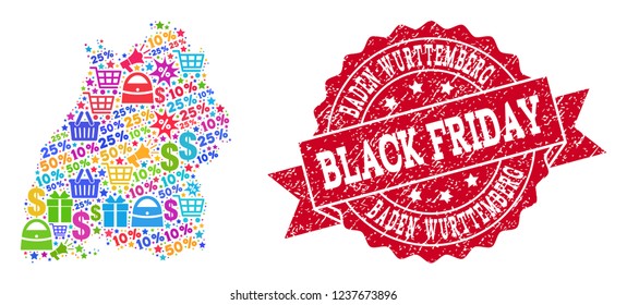 Black Friday collage of mosaic map of Baden-Wurttemberg State and scratched seal. Vector red seal with scratched rubber texture with Black Friday text. Flat design for sale templates.