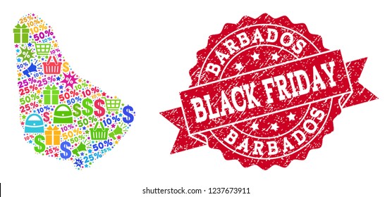 Black Friday collage of mosaic map of Barbados and rubber seal. Vector red seal with grunge rubber texture with Black Friday title. Flat design for sale purposes.
