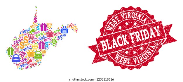 Black Friday collage of mosaic map of West Virginia State and corroded stamp seal. Vector red seal with corroded rubber texture with Black Friday title. Flat design for trade templates.
