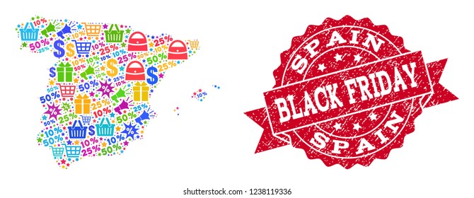 Black Friday collage of mosaic map of Spain and dirty seal. Vector red seal with grunge rubber texture with Black Friday title. Flat design for trade illustrations.