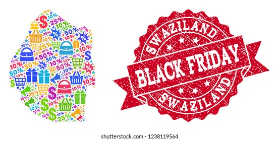 Black Friday collage of mosaic map of Swaziland and rubber stamp. Vector red watermark with unclean rubber texture with Black Friday caption. Flat design for promotion posters.