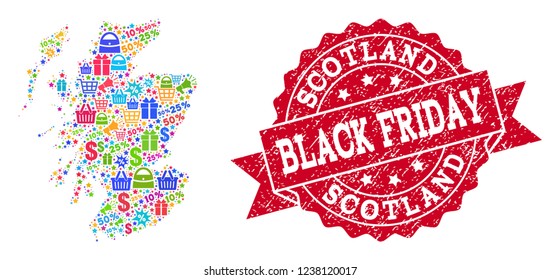 Black Friday collage of mosaic map of Scotland and textured stamp seal. Vector red watermark with unclean rubber texture with Black Friday title. Flat design for shopping posters.