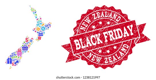 Black Friday collage of mosaic map of New Zealand and grunge seal. Vector red seal with grunge rubber texture with Black Friday text. Flat design for shopping purposes.