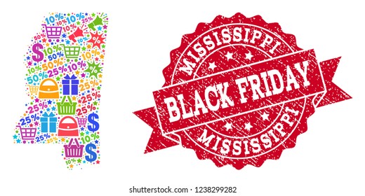 Black Friday collage of mosaic map of Mississippi State and scratched seal. Vector red seal with scratched rubber texture with Black Friday caption. Flat design for sale purposes.
