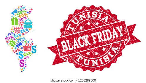 Black Friday collage of mosaic map of Tunisia and grunge seal. Vector red imprint with grunge rubber texture with Black Friday title. Flat design for shopping illustrations.