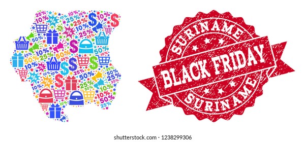 Black Friday collage of mosaic map of Suriname and rubber seal. Vector red seal with grunge rubber texture with Black Friday caption. Flat design for shopping posters.