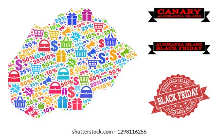 Black Friday collage of mosaic map of Alegranza Island and corroded seal. Vector red imprint with corroded rubber texture with Black Friday text. Flat design for shopping illustrations.