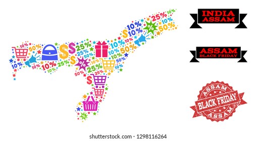 Black Friday collage of mosaic map of Assam State and scratched stamp. Vector red imprint with unclean rubber texture with Black Friday caption. Flat design for shopping templates.
