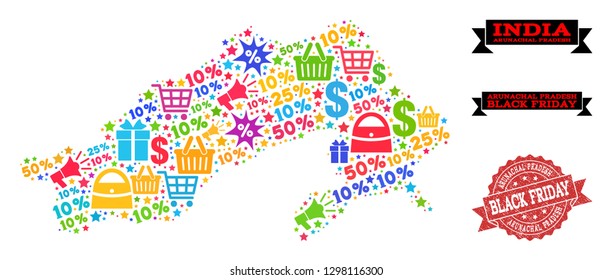 Black Friday collage of mosaic map of Arunachal Pradesh State and scratched stamp. Vector red imprint with scratched rubber texture with Black Friday slogan. Flat design for shopping illustrations.