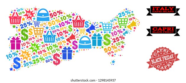 Black Friday collage of mosaic map of Capri Island and corroded stamp seal. Vector red seal with scratched rubber texture with Black Friday slogan. Flat design for sale illustrations.