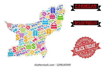 Black Friday collage of mosaic map of Balochistan Province and rubber seal. Vector red watermark with distress rubber texture with Black Friday slogan. Flat design for shopping purposes.