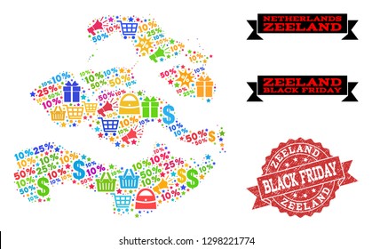 Black Friday collage of mosaic map of Zeeland Province and grunge seal. Vector red seal with unclean rubber texture with Black Friday title. Flat design for shopping templates.