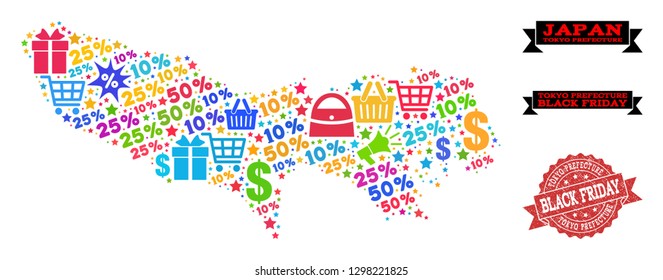 Black Friday collage of mosaic map of Tokyo Prefecture and grunge seal. Vector red seal with scratched rubber texture with Black Friday slogan. Flat design for shopping posters.