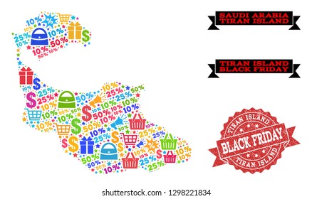 Black Friday collage of mosaic map of Tiran Island and rubber seal. Vector red seal with scratched rubber texture with Black Friday text. Flat design for advertisement templates.