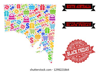 Black Friday collage of mosaic map of South Australia and rubber stamp. Vector red imprint with unclean rubber texture with Black Friday caption. Flat design for advertisement posters.