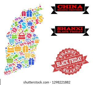Black Friday collage of mosaic map of Shanxi Province and grunge seal. Vector red seal with grunge rubber texture with Black Friday slogan. Flat design for trade purposes.