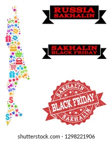 Black Friday collage of mosaic map of Sakhalin Island and rubber seal. Vector red seal with scratched rubber texture with Black Friday slogan. Flat design for shopping templates.