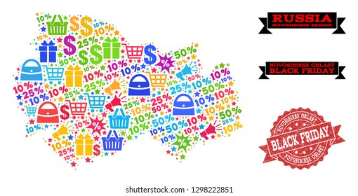 Black Friday collage of mosaic map of Novosibirsk Region and rubber seal. Vector red imprint with grunge rubber texture with Black Friday text. Flat design for promotion templates.