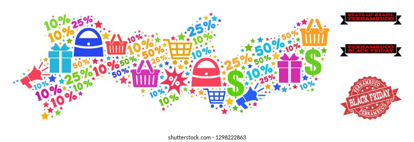 Black Friday collage of mosaic map of Pernambuco State and unclean stamp seal. Vector red watermark with unclean rubber texture with Black Friday caption. Flat design for shopping purposes.