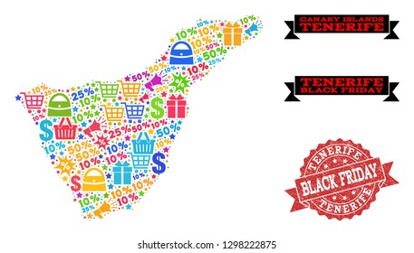 Black Friday collage of mosaic map of Tenerife Island and rubber seal. Vector red imprint with scratched rubber texture with Black Friday text. Flat design for shopping posters.