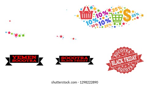 Black Friday collage of mosaic map of Socotra Archipelago and grunge seal. Vector red seal with distress rubber texture with Black Friday caption. Flat design for sale illustrations.