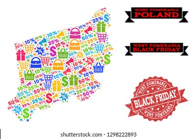 Black Friday collage of mosaic map of West Pomerania Province and dirty stamp seal. Vector red seal with unclean rubber texture with Black Friday title. Flat design for sale templates.