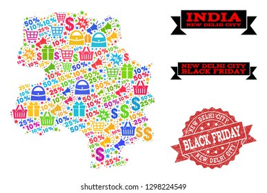 Black Friday collage of mosaic map of New Delhi City and unclean seal. Vector red imprint with unclean rubber texture with Black Friday caption. Flat design for trade illustrations.