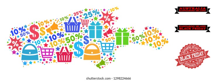 Black Friday collage of mosaic map of Kangaroo Island and corroded stamp. Vector red seal with corroded rubber texture with Black Friday title. Flat design for shopping templates.