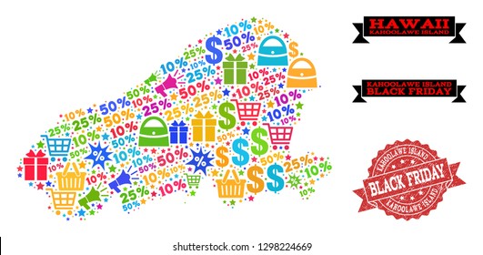 Black Friday collage of mosaic map of Kahoolawe Island and rubber stamp. Vector red imprint with unclean rubber texture with Black Friday caption. Flat design for shopping templates.