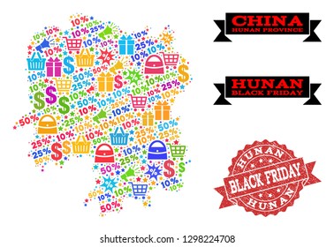 Black Friday collage of mosaic map of Hunan Province and unclean seal. Vector red seal with unclean rubber texture with Black Friday text. Flat design for promotion illustrations.