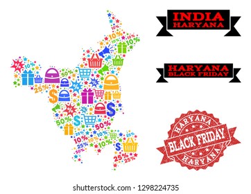Black Friday collage of mosaic map of Haryana State and unclean seal. Vector red seal with unclean rubber texture with Black Friday text. Flat design for promotion purposes.