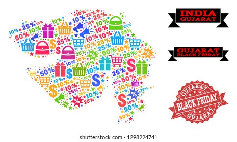 Black Friday collage of mosaic map of Gujarat State and dirty seal. Vector red seal with unclean rubber texture with Black Friday title. Flat design for shopping templates.