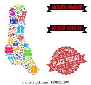 Black Friday collage of mosaic map of Grande Comore Island and rubber seal. Vector red seal with grunge rubber texture with Black Friday caption. Flat design for sale illustrations.