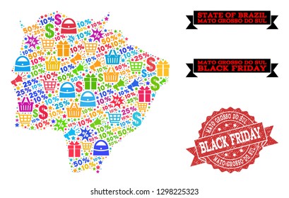 Black Friday collage of mosaic map of Mato Grosso do Sul State and unclean seal. Vector red watermark with unclean rubber texture with Black Friday slogan. Flat design for shopping purposes.