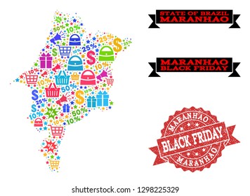 Black Friday collage of mosaic map of Maranhao State and unclean seal. Vector red seal with scratched rubber texture with Black Friday text. Flat design for shopping purposes.