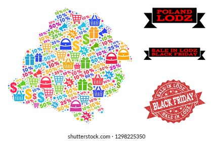 Black Friday collage of mosaic map of Lodz Province and rubber seal. Vector red watermark with corroded rubber texture with Black Friday slogan. Flat design for advertisement purposes.
