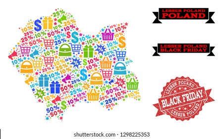 Black Friday collage of mosaic map of Lesser Poland Province and scratched stamp. Vector red imprint with scratched rubber texture with Black Friday caption. Flat design for shopping illustrations.