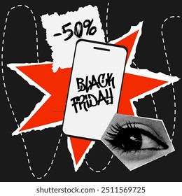 Collage de Black Friday, post, descuento de Anuncio de ojos de medio tono y espacio para texto en papel de desecho.